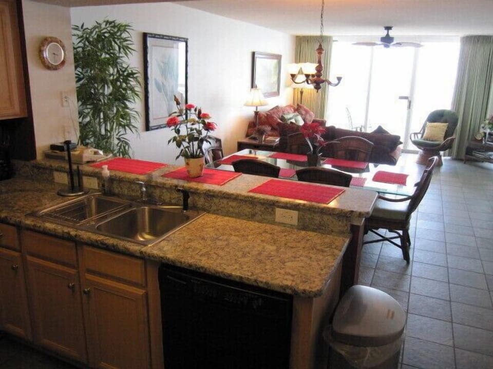 Looking from the kitchen towards the living area and kitchen table