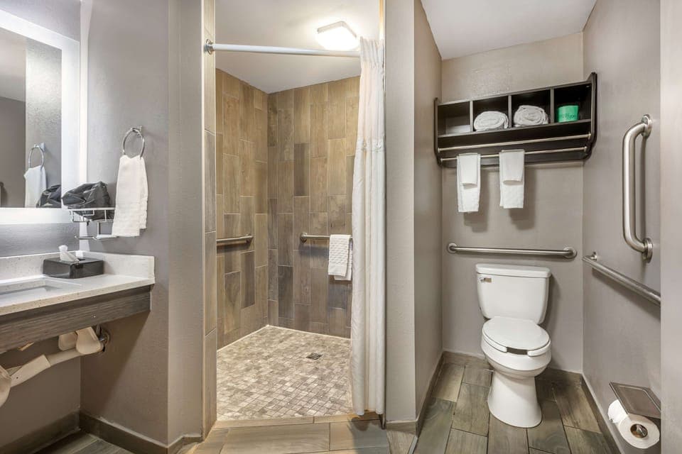 Standard Room, 1 King Bed, Accessible, Refrigerator & Microwave | Bathroom | Free toiletries, hair dryer, towels
