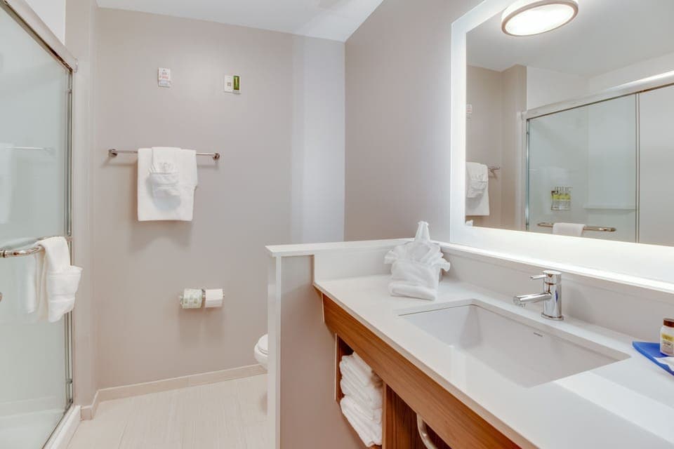Hair dryer, towels, soap, shampoo