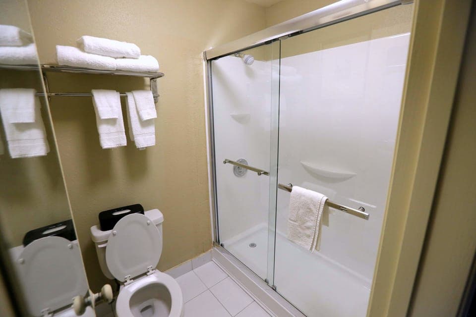 Combined shower/tub, eco-friendly toiletries, hair dryer, towels