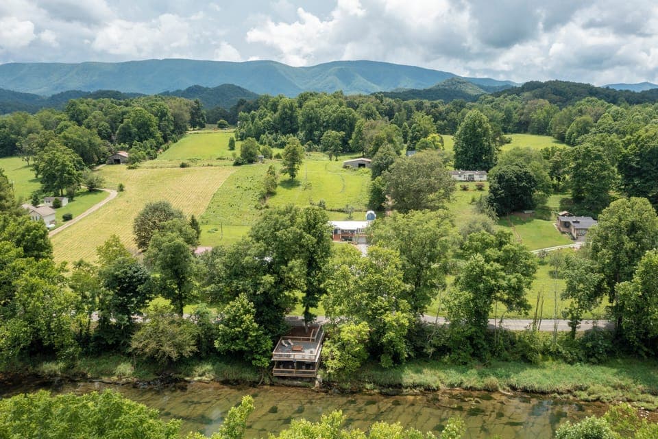 Aerial view of our dock and lodge