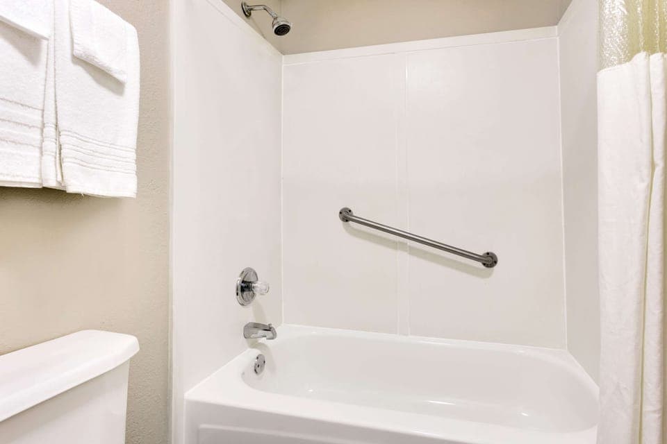 Combined shower/tub, free toiletries, hair dryer, towels