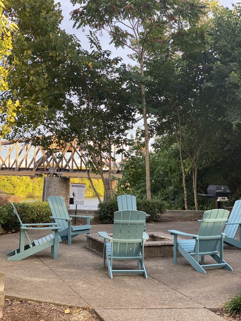 Shared common area seating and view of the river