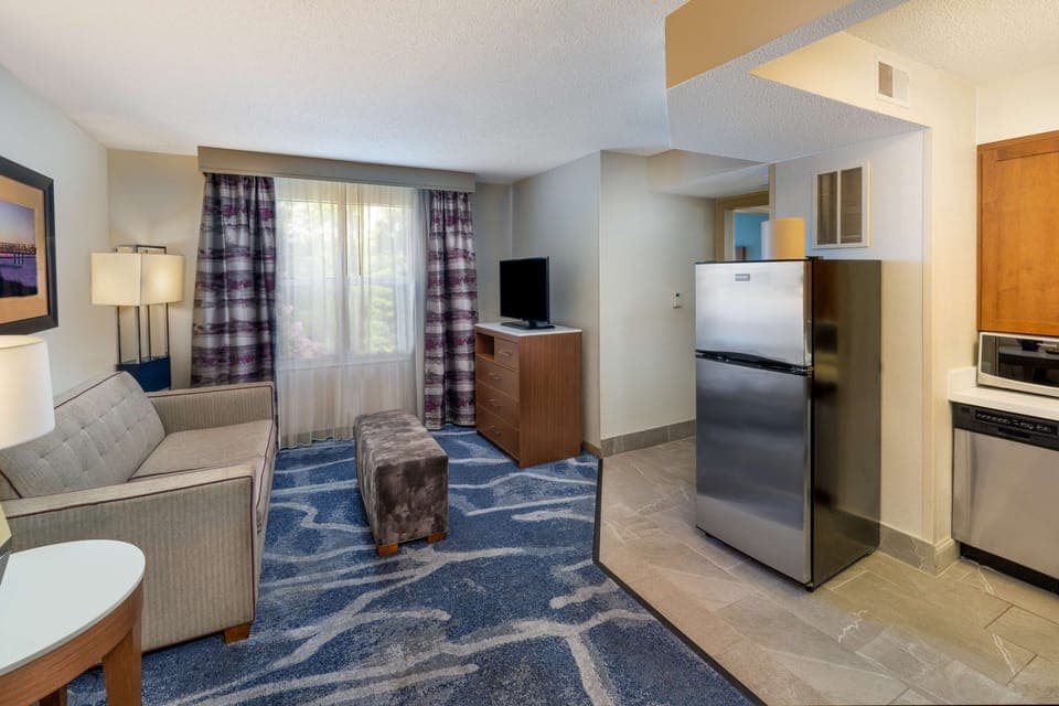 Suite, 1 King Bed, Accessible, Bathtub (Mobility & Hearing) | Living area | 27-inch flat-screen TV with cable channels, TV, DVD player