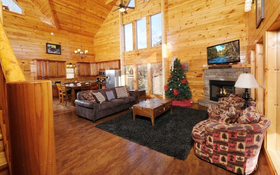 Vaulted ceiling and fireplace - spacious cabin living with a view.