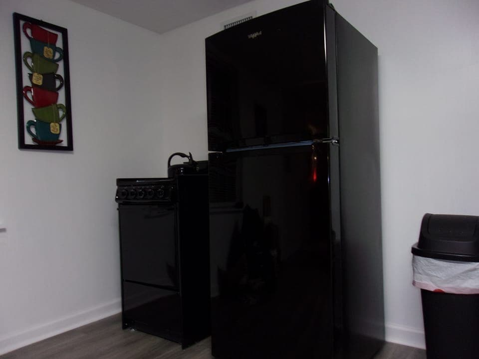Electric stove and a refrigerator that has an ice maker.