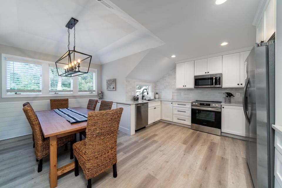The kitchen and dining area have been completely renovated
