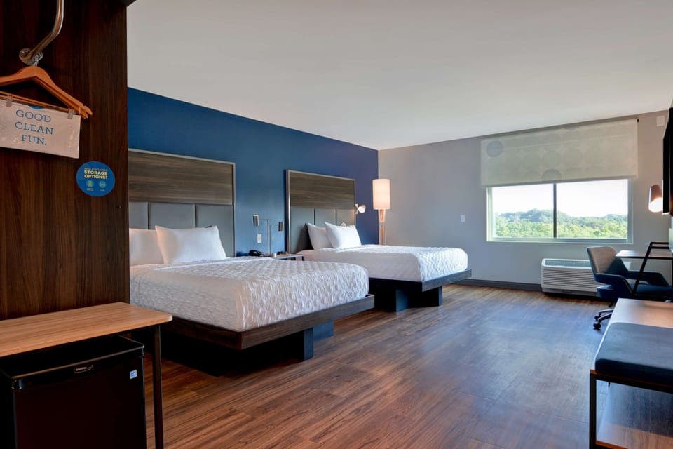 Room, 2 Queen Beds, Accessible (Mobility & Hearing, Roll-In Shower) | Desk, laptop workspace, blackout drapes, iron/ironing board