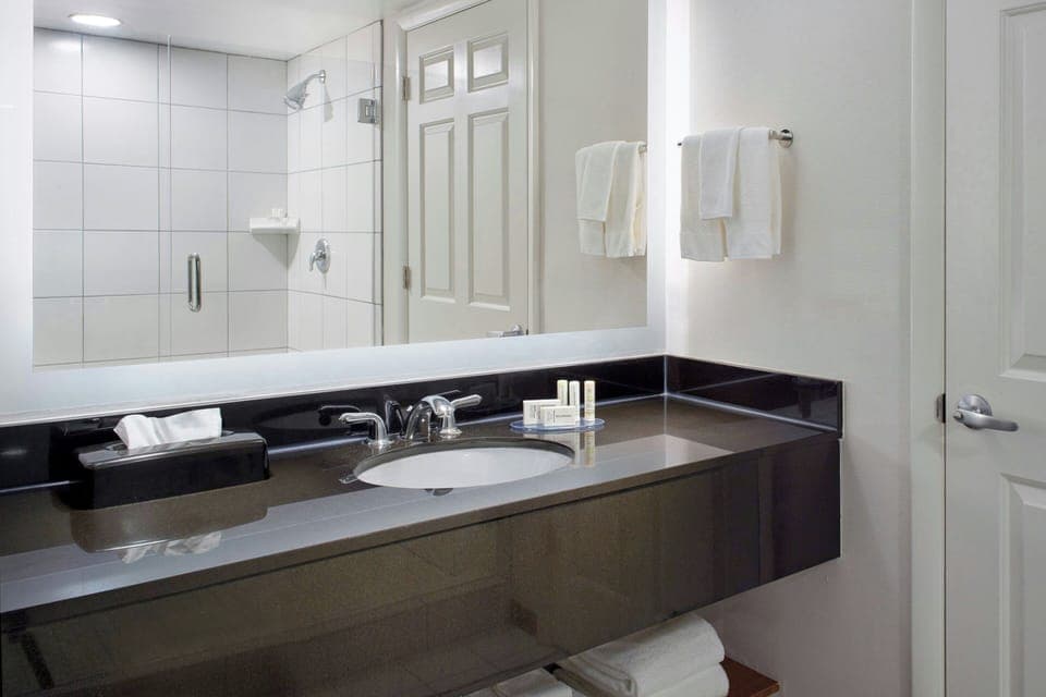 Combined shower/tub, free toiletries, hair dryer, towels