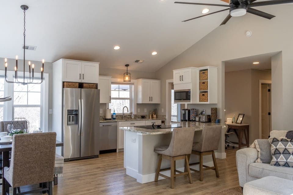 Open kitchen with plenty of seating 
