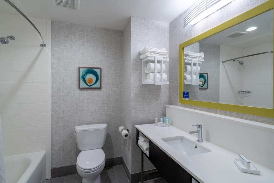 Hair dryer, towels, soap, shampoo
