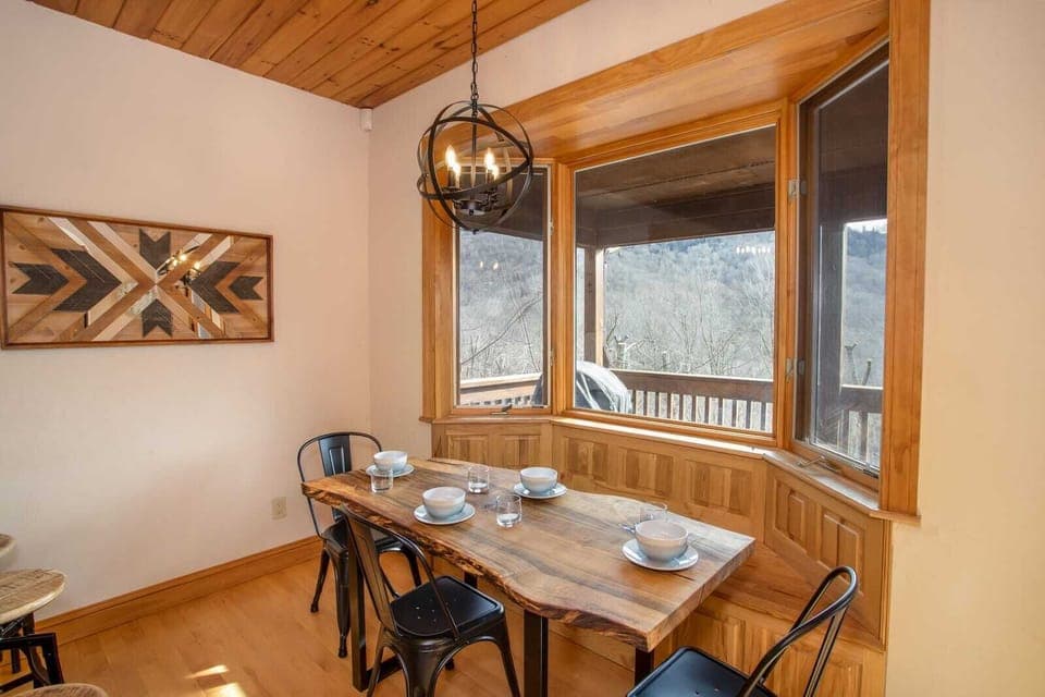Custom Live Edge Breakfast Table in Kitchen with Views of Grandfather