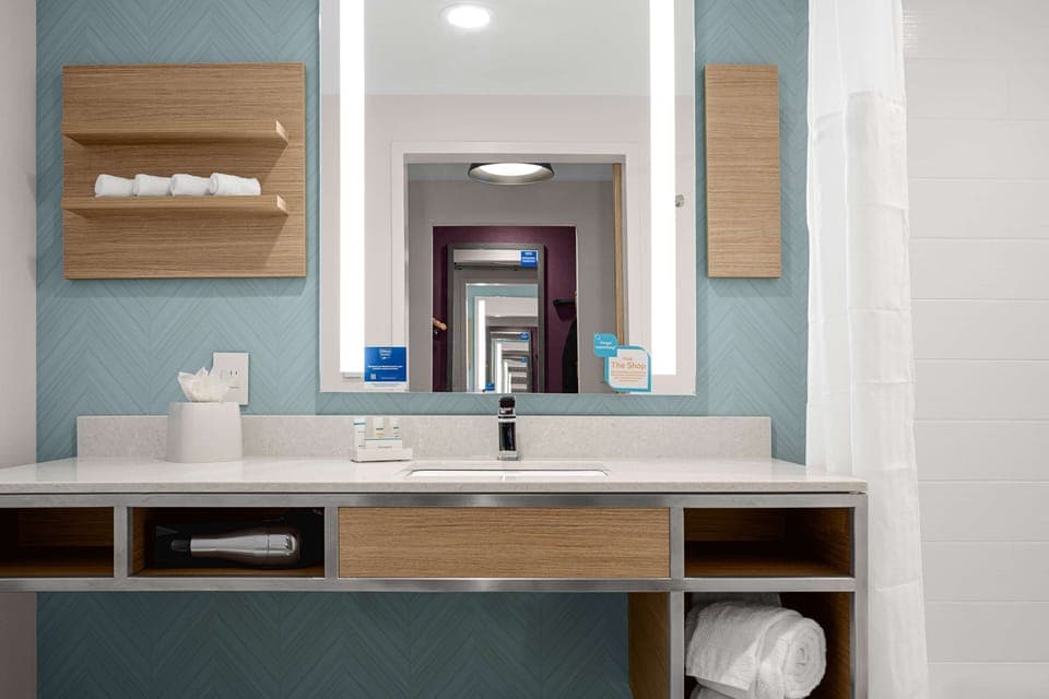 Combined shower/tub, eco-friendly toiletries, hair dryer, towels