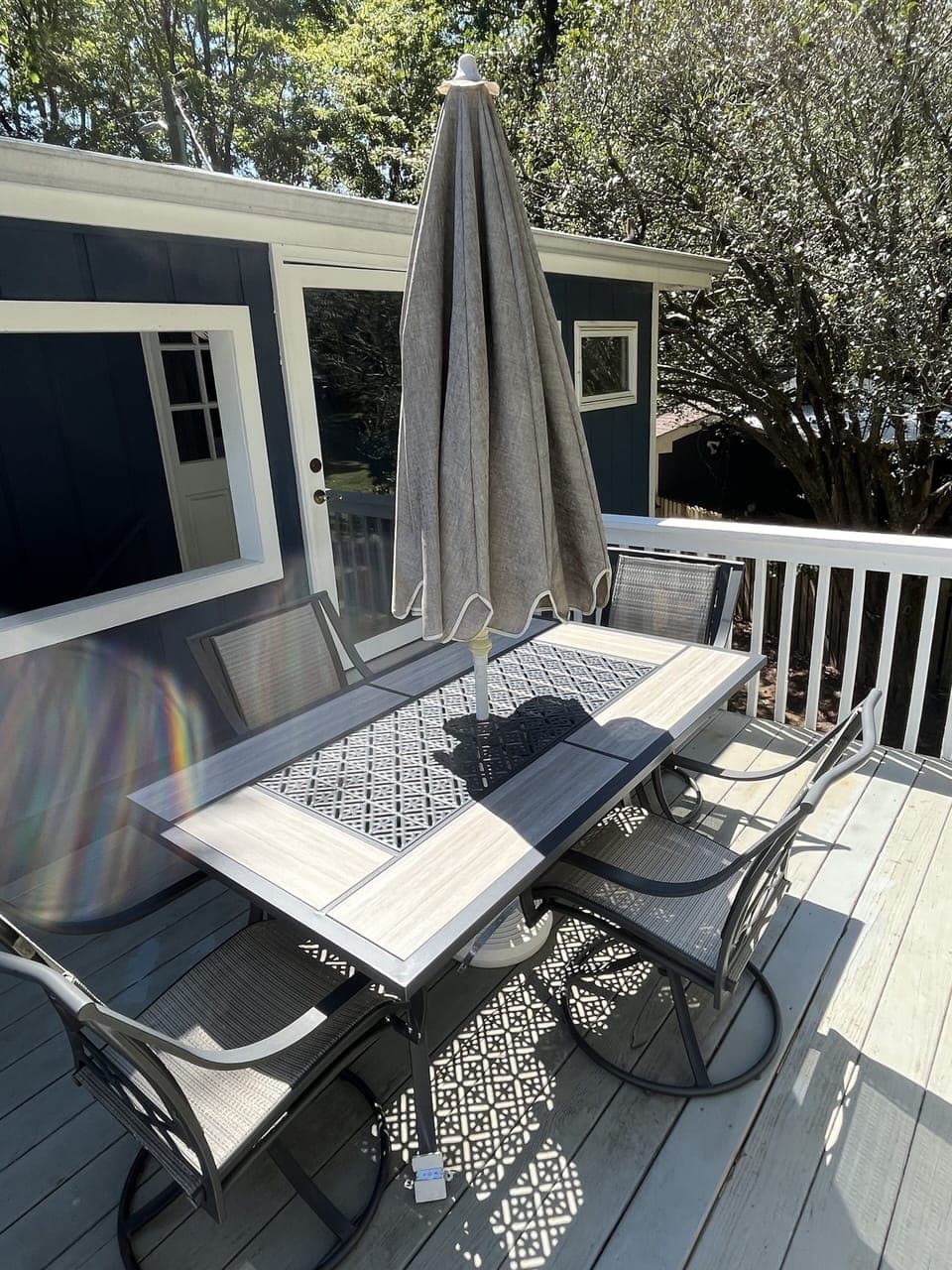 Deck Table, Chairs, and Umbrella