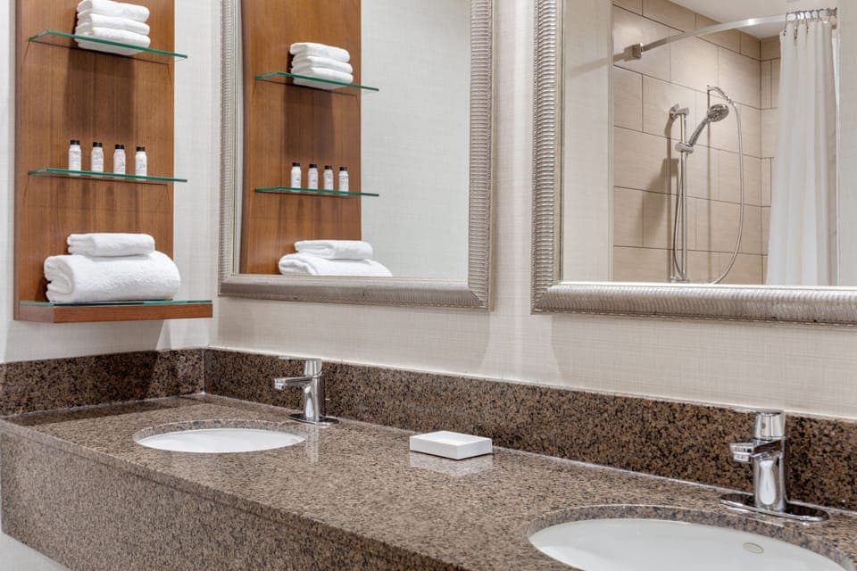 Combined shower/tub, free toiletries, hair dryer, towels