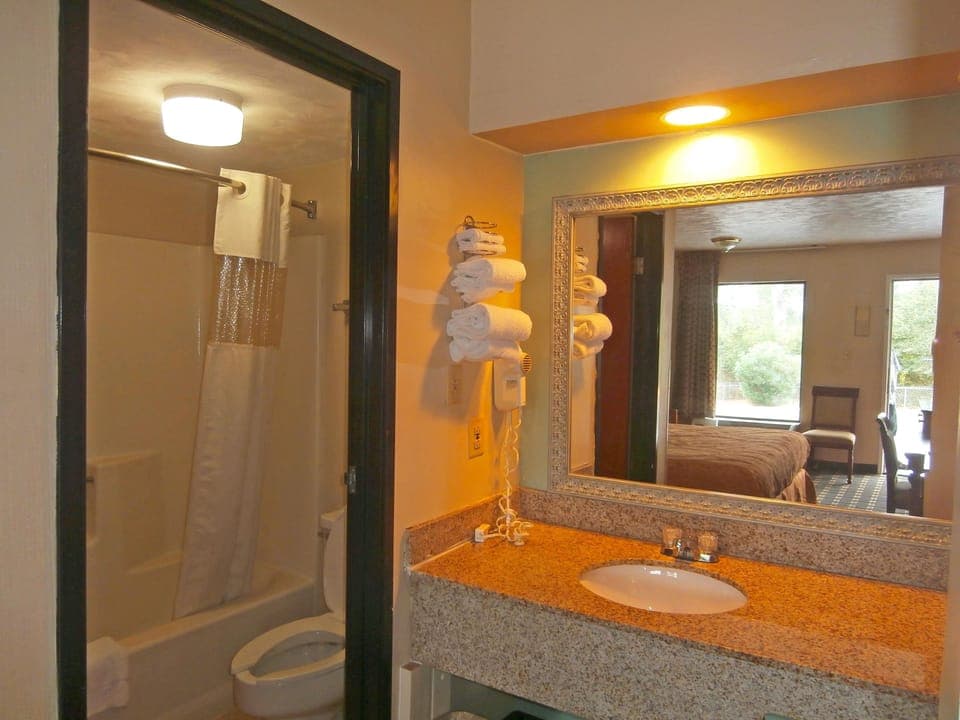 Combined shower/tub, free toiletries, hair dryer