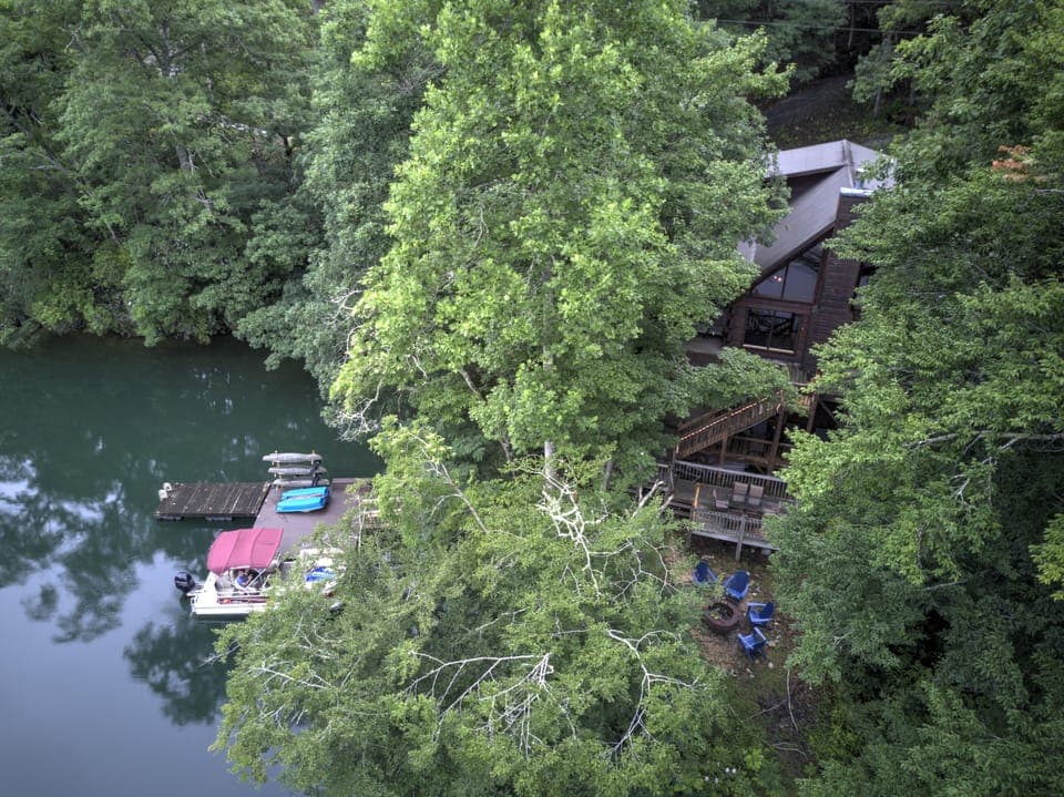 Aerial view of the cabin and our private dock