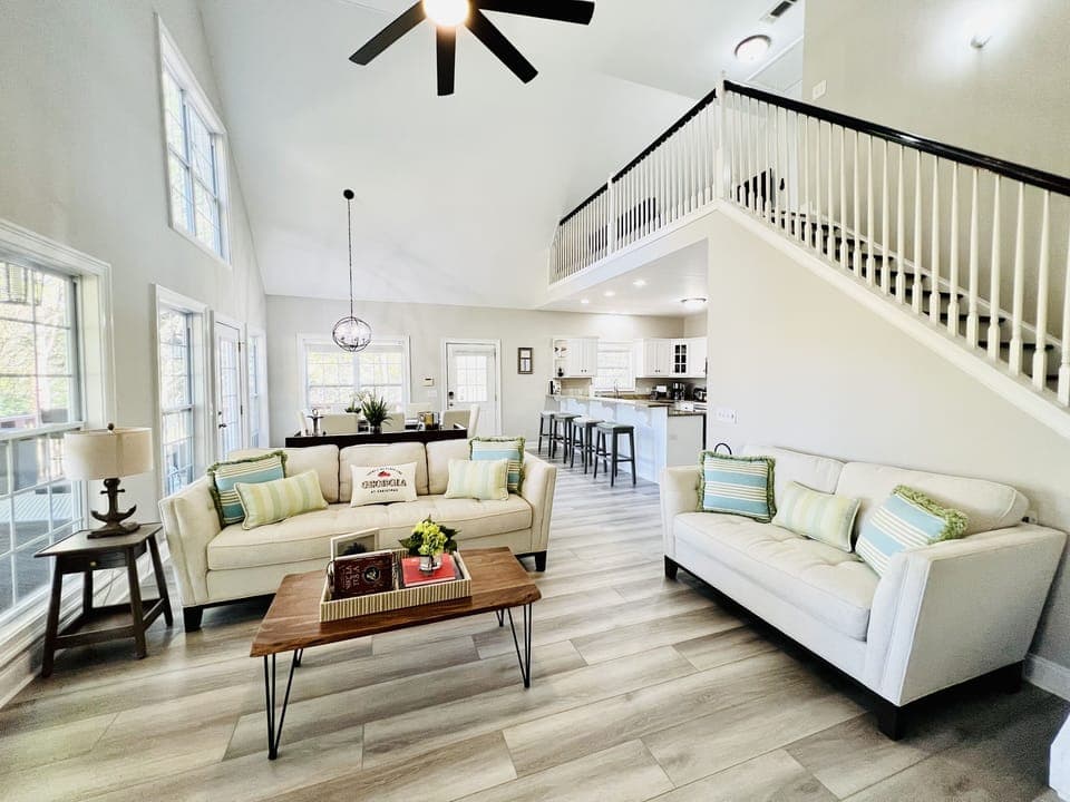 Stylish interior of this open floor plan high ceiling home.