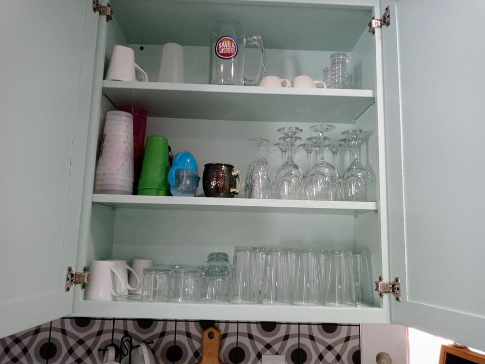Glasses for wine and beer, Mugs for coffee and kids cups.