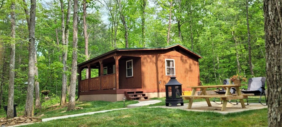 "HONEYMOON CABIN" - Quite wooded setting with fire pit, patio, and picnic table.