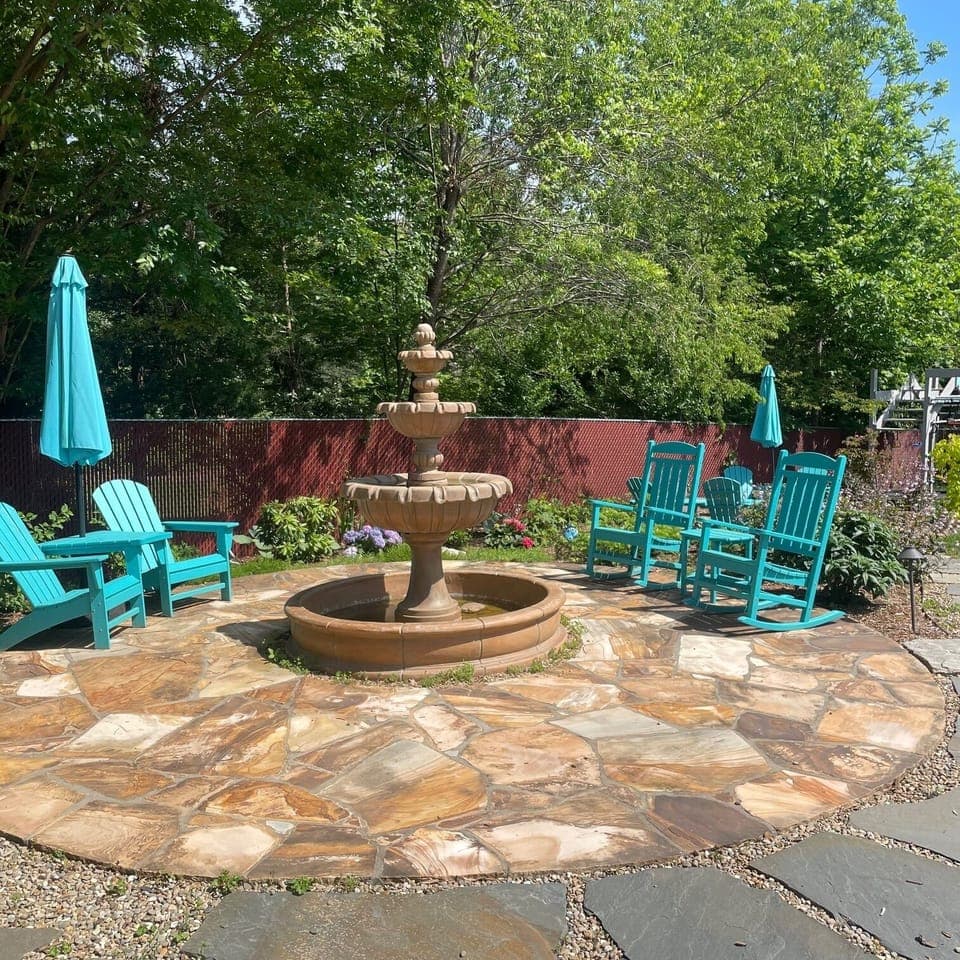 Fountain patio for relaxing while you enjoy the lush gardens!