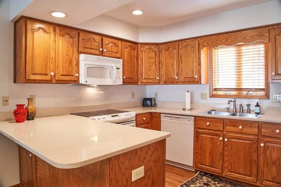 There is ample counter space for preparing full meals or a snack.