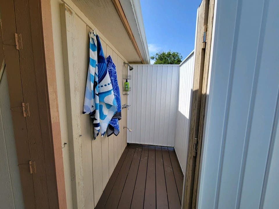 Outdoor shower with hot and cold water
