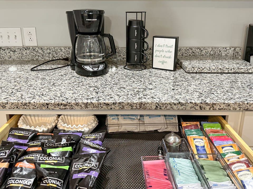 Complimentary coffee, tea, & hot chocolate
