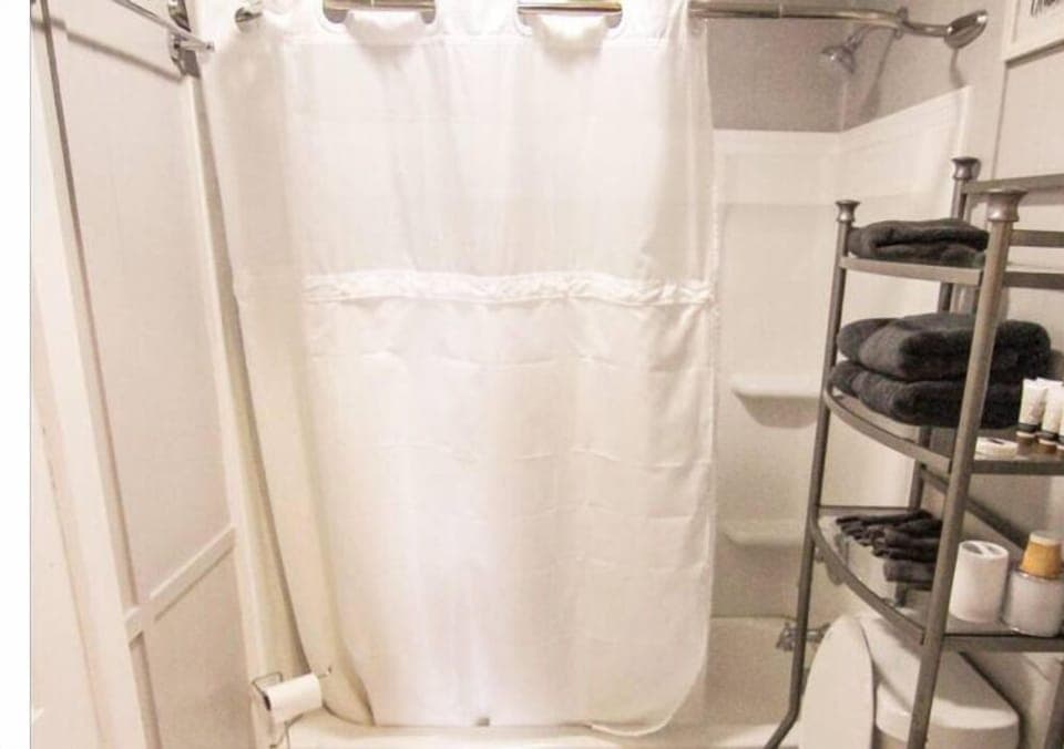 Bathroom with shower and tub, stackable washer and dryer in bathroom closet