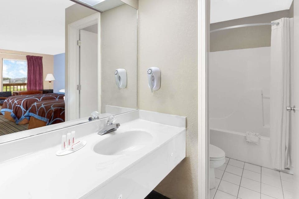 Combined shower/tub, free toiletries, hair dryer, towels