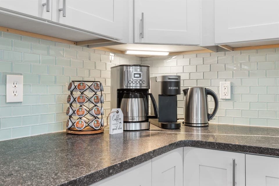 Ahhh Coffee! Our first or two coffee bars include drip and Keurig coffee machines with enough coffee to last your trip.