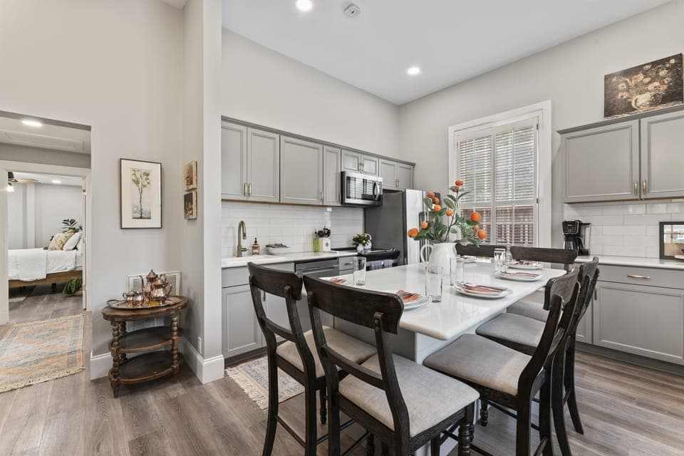 Fully equipped kitchen with dining space for meals, coffee, or takeout nights.