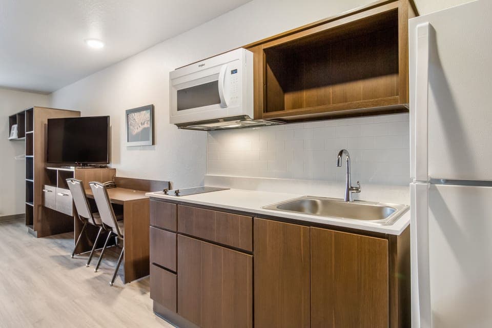Full-size fridge, microwave, stovetop, freezer
