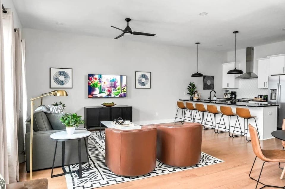 Cozy living room perfect for movie or show nights with friends and family.