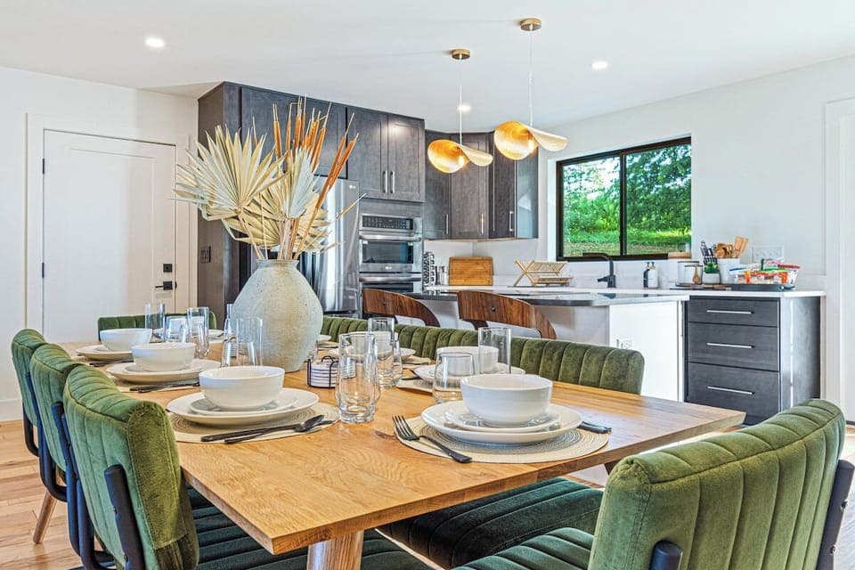 The kitchen is fully stocked for everything you will need to cook for the entire family. We include all the basic condiments so you can pack light. We include enough plates, bowls, cups, and silverware 16 guests. 