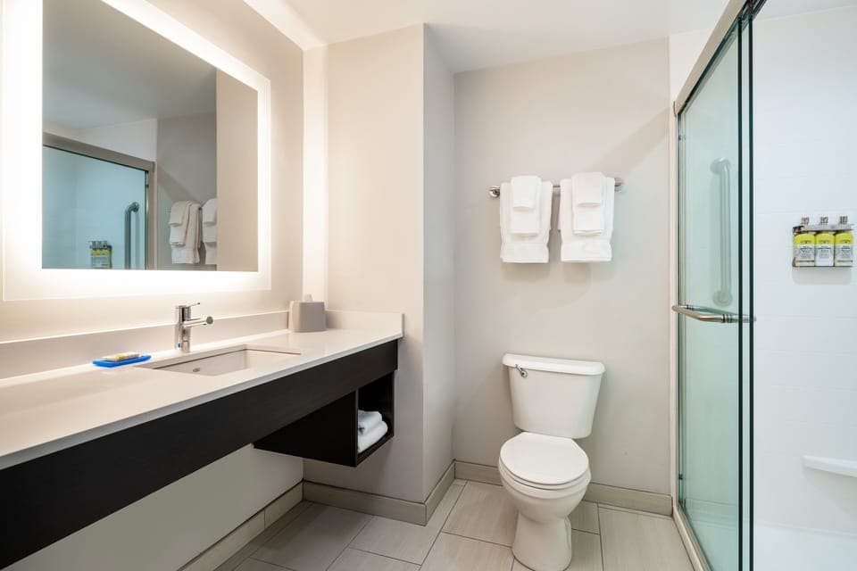 Combined shower/tub, free toiletries, hair dryer, towels