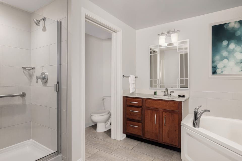 Combined shower/tub, jetted tub, hair dryer, towels