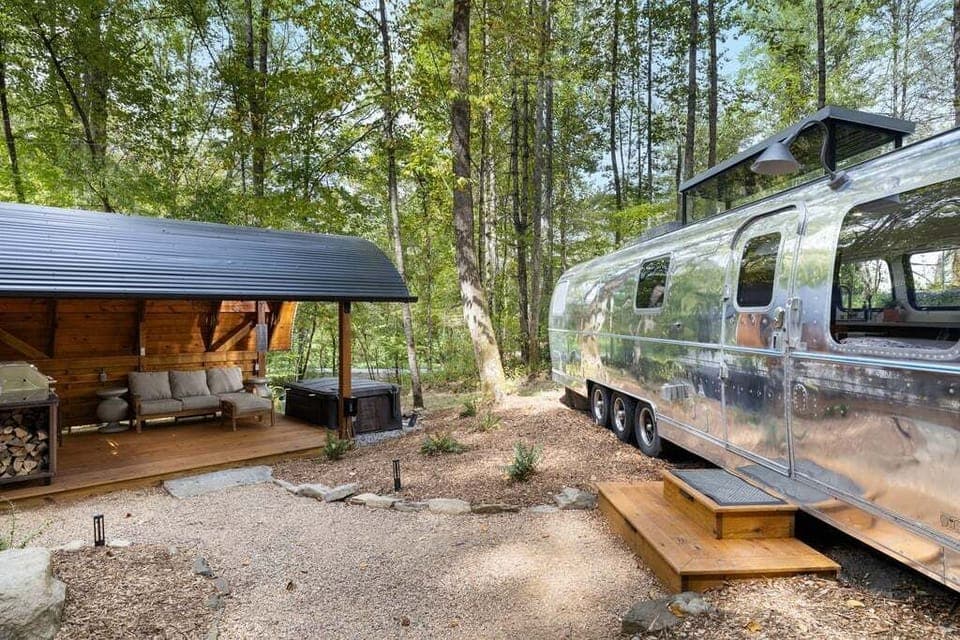 Brevard is Open!  Come stay in this bespoke Airstream on 35 Acres W/ River, Bath Tub & Hot Tub