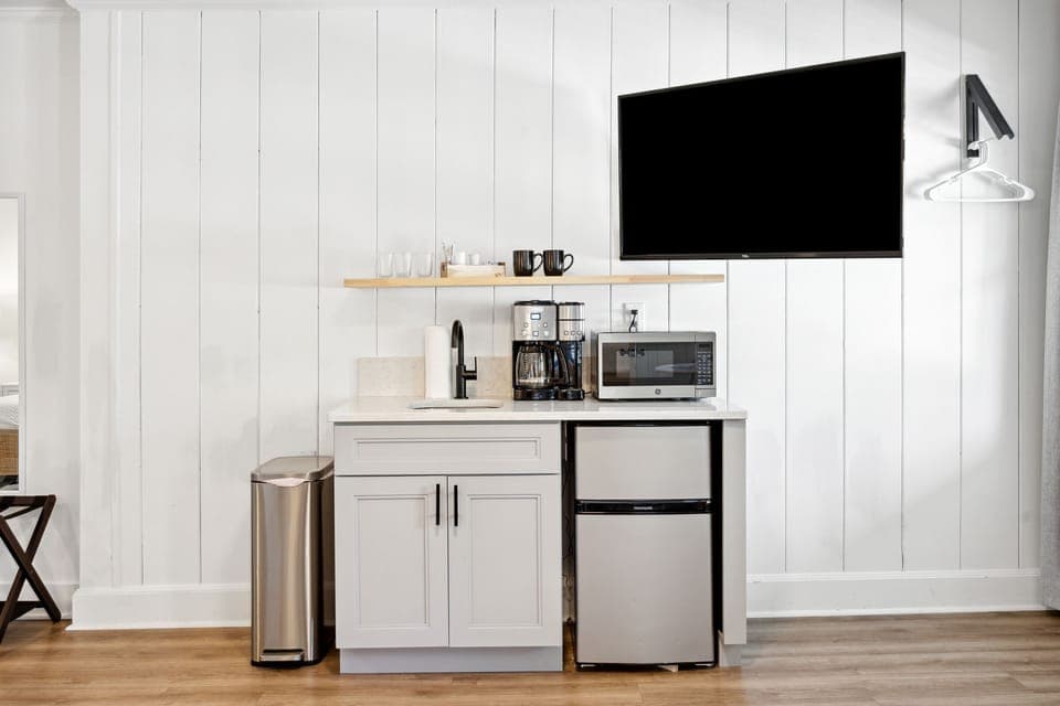 Microwave, Mini-fridge, and Coffee station