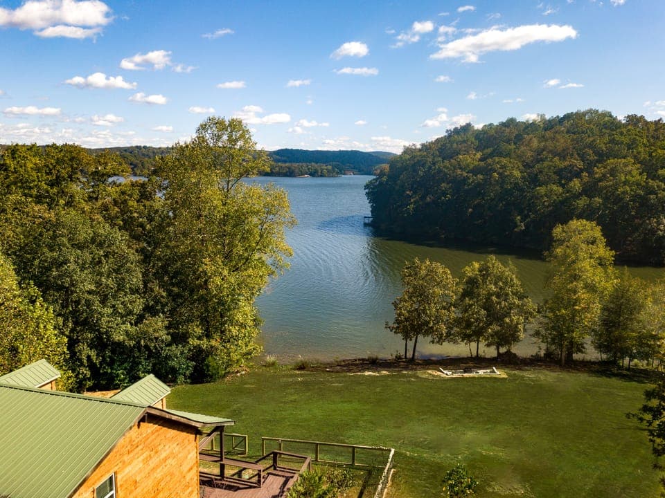 A drone shot of our lake view.