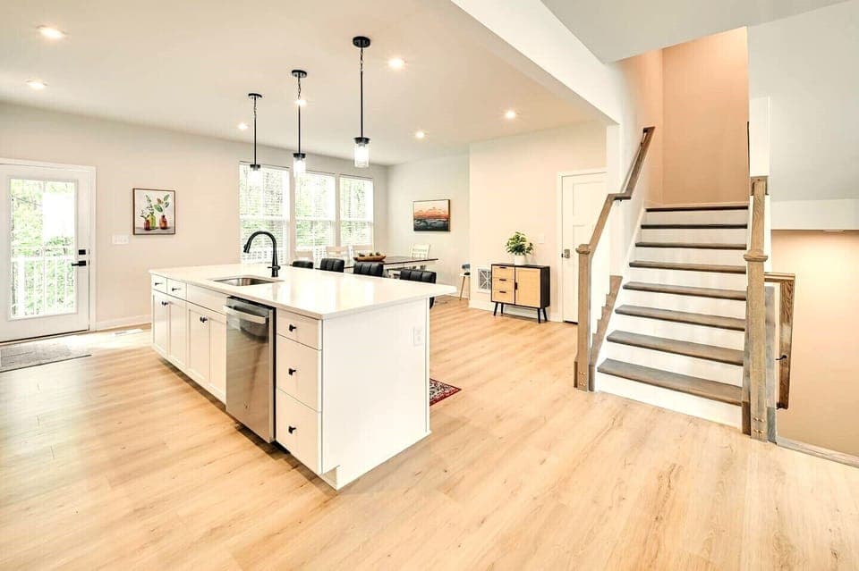 second level open kitchen and dining space