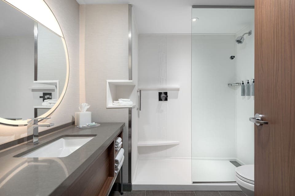 Hair dryer, towels, soap, shampoo