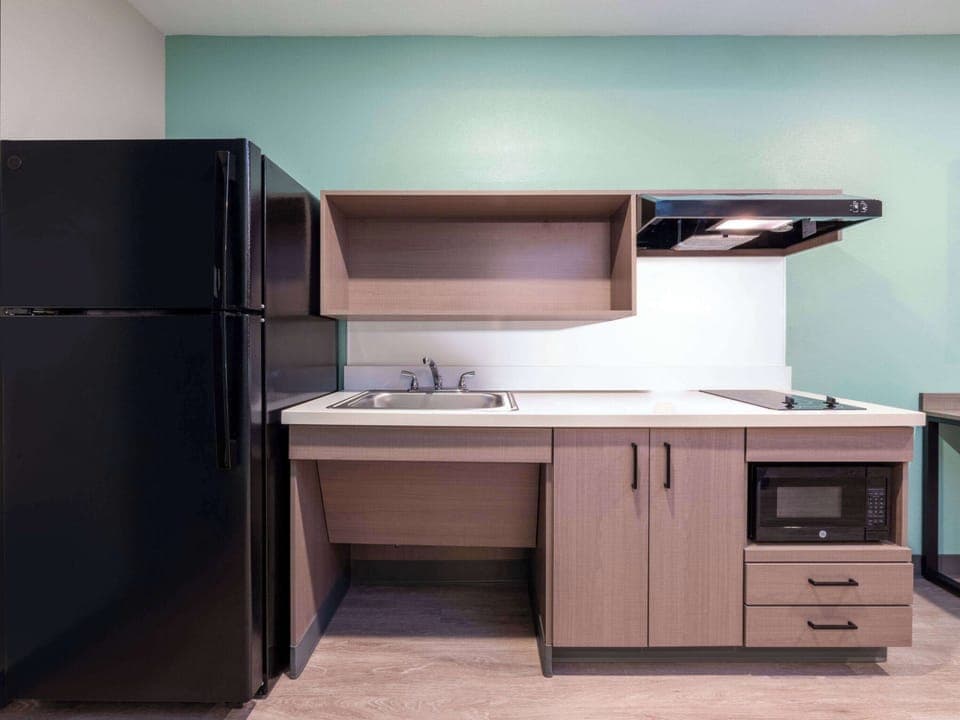 Full-size fridge, microwave, stovetop