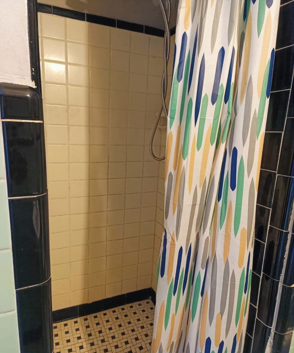 Shower, free toiletries, towels, toilet paper