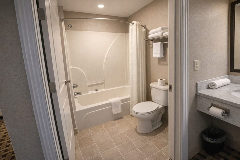 Combined shower/tub, hair dryer, towels, soap