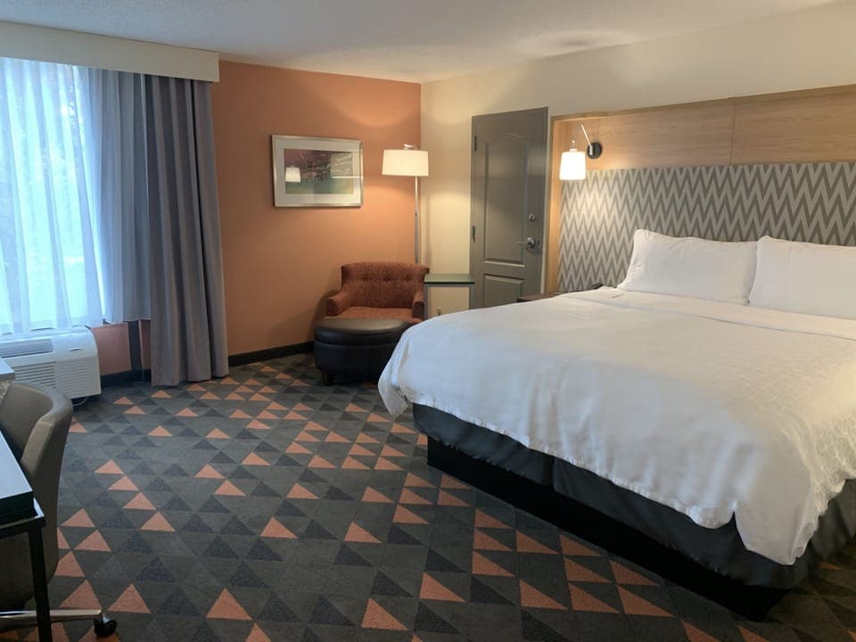 Hypo-allergenic bedding, desk, laptop workspace, blackout drapes