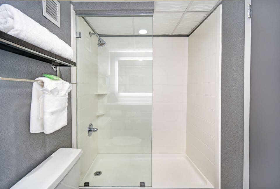 Combined shower/tub, free toiletries, hair dryer, towels