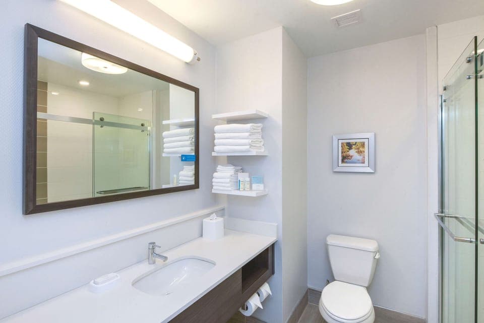 Combined shower/tub, free toiletries, towels