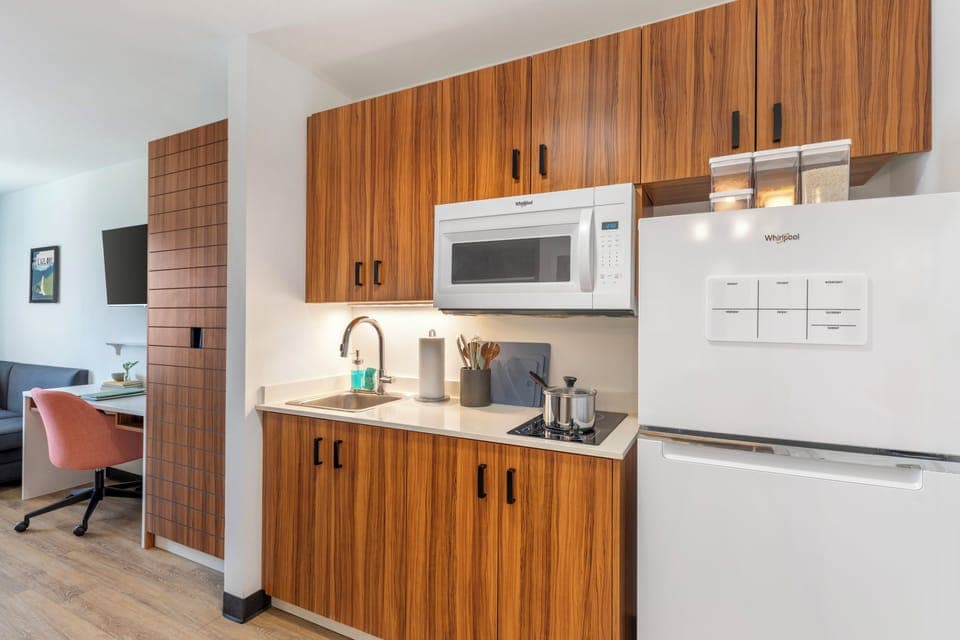 Studio, 2 Queen Beds, Non Smoking | Private kitchen | Full-size fridge, microwave, stovetop, coffee/tea maker