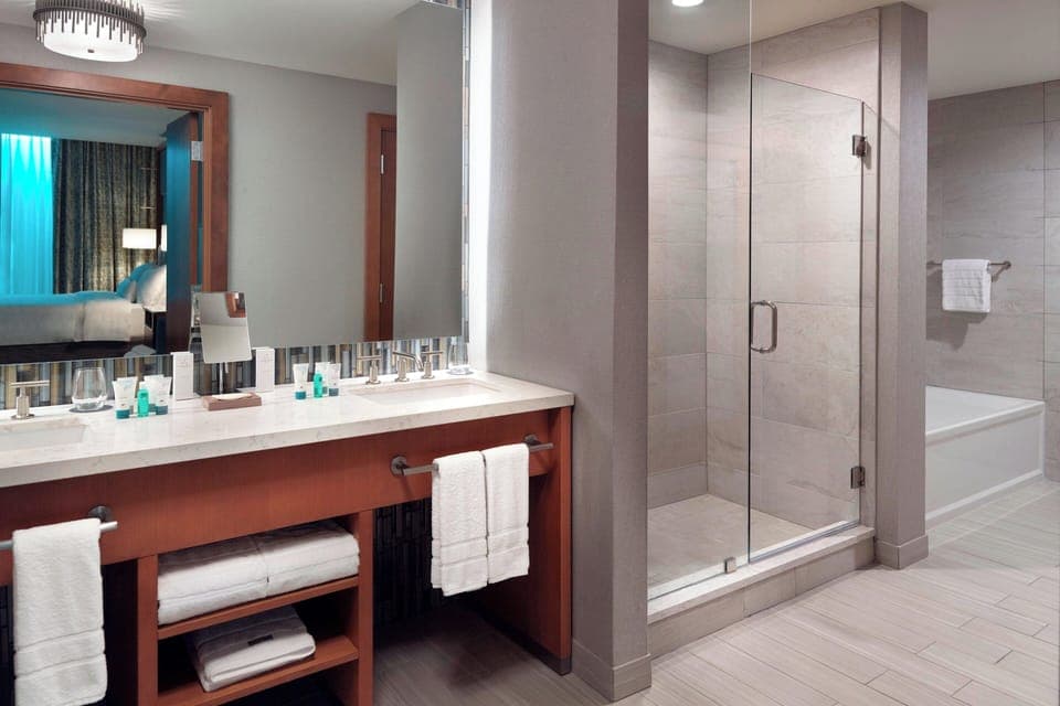 Shower, free toiletries, hair dryer, bathrobes